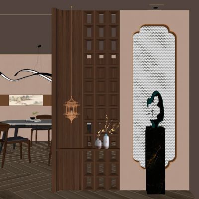 新中式 中古风 实木造型隔断 菱形玻璃 弧形 入户隔断 玄关