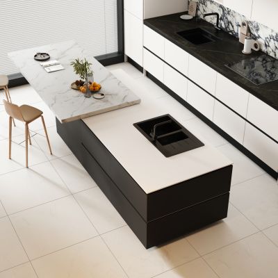 现代黑白极简开放式厨房 半开放式岛台厨房 吧台椅