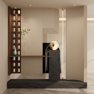 意式 中古风 实木造型 斯卡帕叠级 悬浮式 入户隔断 玄关