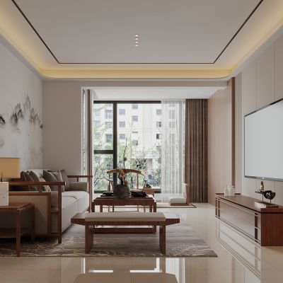 新中式客餐厅 沙发茶几组合 餐桌 无主灯