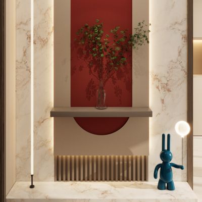 新中式 中古风 岩板 爱马仕橙 天幕灯 雕塑 入户隔断 玄关