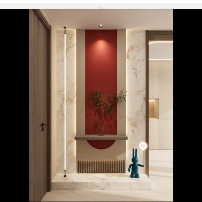 新中式 中古风 岩板 爱马仕橙 天幕灯 雕塑 入户隔断 玄关