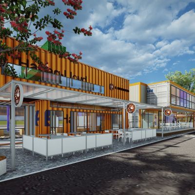 工业风集装箱改造民宿商业街步行街广场外摆咖啡吧创意街区景观