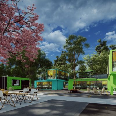 工业风集装箱改造民宿商业街步行街广场外摆咖啡吧创意街区景观