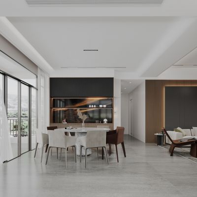 现代无主灯餐厅圆桌餐椅 摆件 沙发 花瓶 磁吸灯