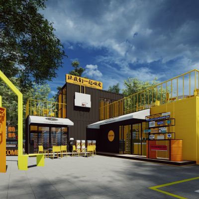 工业风集装箱改造民宿商业街步行街广场外摆咖啡吧创意街区景观