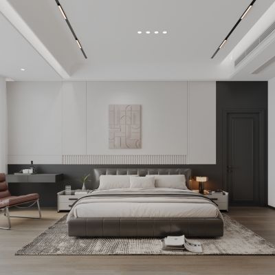 黑白灰卧室主卧 梳妆台墙饰 电视 装饰柜 台灯摆件 休闲椅