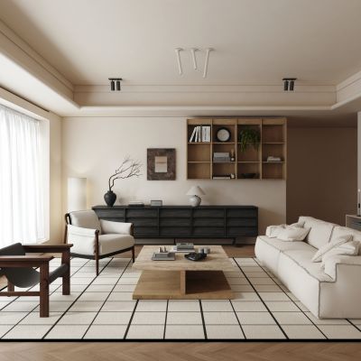 侘寂中古家居客厅 横厅 黑白客厅 侘寂客厅