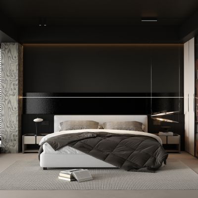 现代简约家居卧室 主卧 飘窗卧室 黑白卧室 无主灯卧室 暗黑风卧室