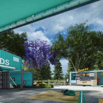 工业风集装箱改造民宿商业街步行街广场外摆咖啡吧创意街区景观