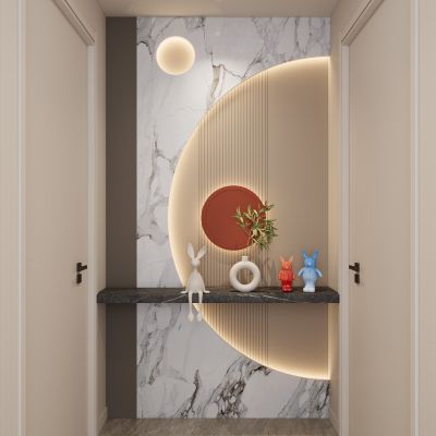 奶油 简约风 弧形造型 爱马仕橙 格栅板 走廊端景 玄关