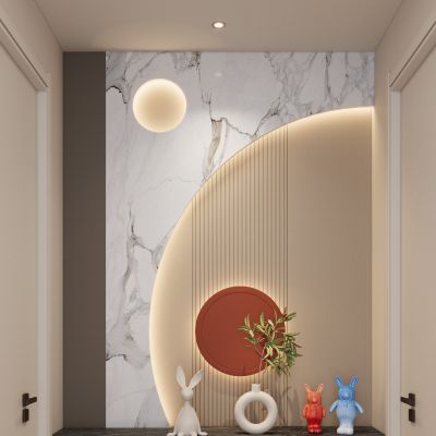  奶油 简约风 弧形造型 爱马仕橙 格栅板 走廊端景 玄关