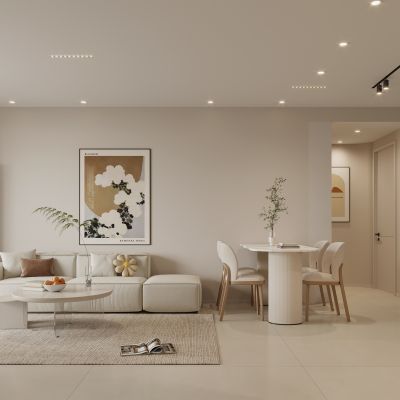 现代奶油风客餐厅 沙发组合 餐桌椅组合 电视柜