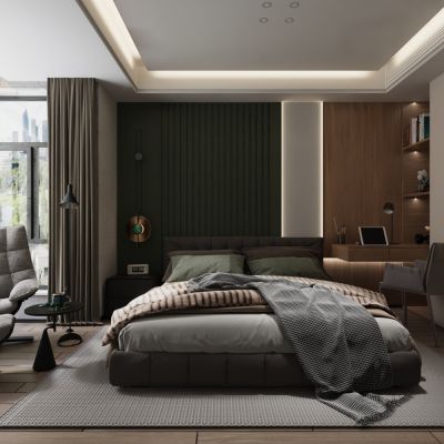 现代卧室双人床书桌衣柜休闲椅