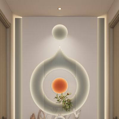 奶油 简约风 弧形造型 爱马仕橙 格栅板 走廊端景 玄关