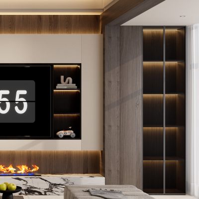 意式 轻奢风 内嵌电视 无主灯 火焰壁龛 弧形壁龛 别墅客厅 玄关电视一体柜