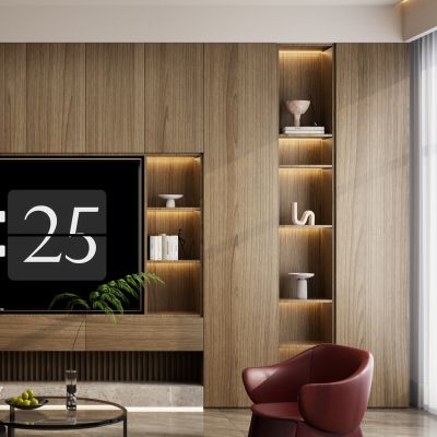 意式 轻奢风 弧形顶 满墙电视柜 水磨石 客厅 玄关电视一体柜