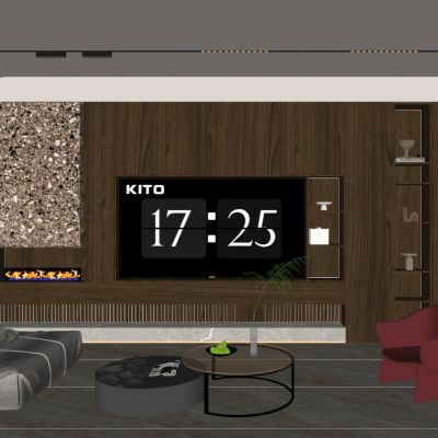  意式 轻奢风 弧形顶 满墙电视柜 水磨石 客厅 玄关电视一体柜