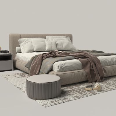 现代布艺双人床床头柜组合