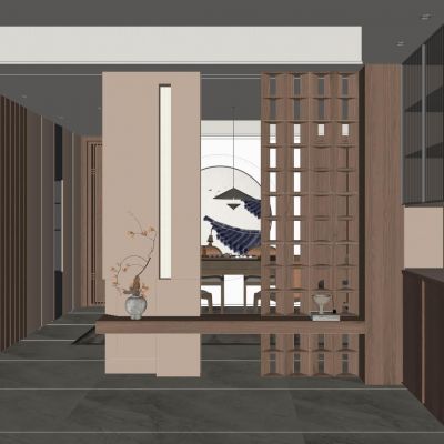 新中式 中古风 实木造型隔断 斯卡帕叠级 月亮门 入户隔断 玄关