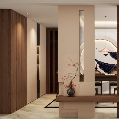 新中式 中古风 实木造型隔断 斯卡帕叠级 月亮门 入户隔断 玄关