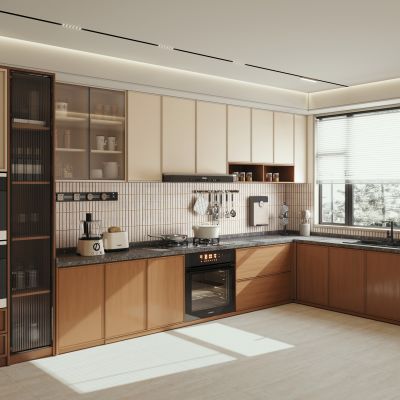 现代中古风半开放式厨房 中古风厨房3D模型