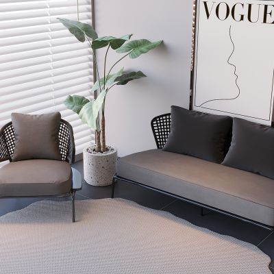 北欧轻奢皮艺沙发 藤编沙发靠背椅 抱枕