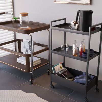 可移动茶水小推车 中古风沙发边几 实木收纳置物架