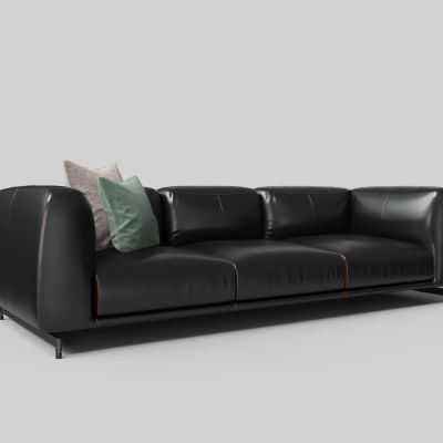 现代皮革黑色多人沙发