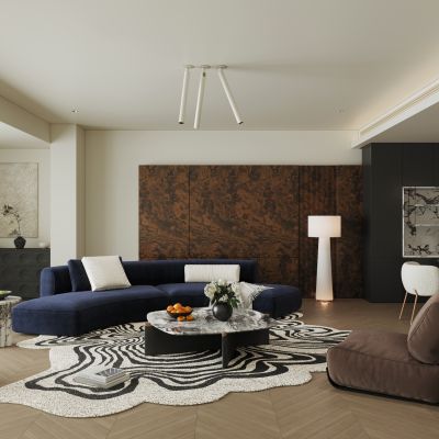 侘寂复古家居客厅 横厅 大平层客厅 黑白客厅 无主灯客厅