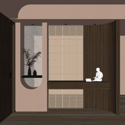 北欧 奶油风 弧形造型 玻璃砖 悬浮顶 洞石 入户隔断 玄关