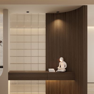 北欧 奶油风 弧形造型 玻璃砖 悬浮顶 洞石 入户隔断 玄关