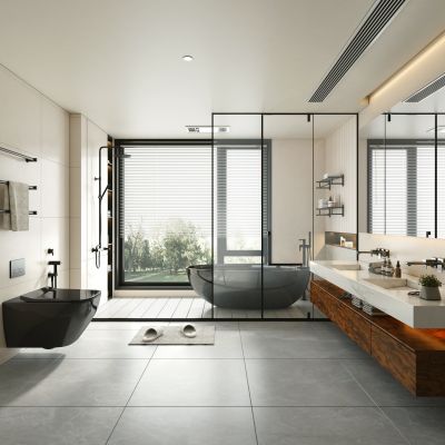 现代奶油卫生间 黑白卫生间 干湿分离卫生间 卫生间推拉门 卫生间摆件3D模型