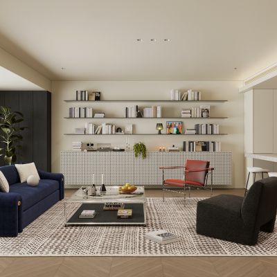 奶油中古家居客厅 横厅 黑白客厅 大平层客厅 无主灯客厅