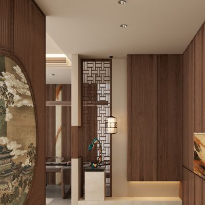 宋式 中古风 国风画 宫灯 实木格栅 端景 玄关