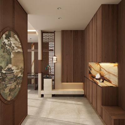 宋式 中古风 国风画 宫灯 实木格栅 端景 玄关