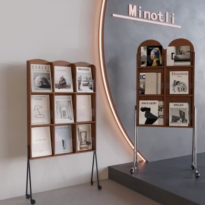 中古风落地书架 实木杂志架报刊架 可移动书架