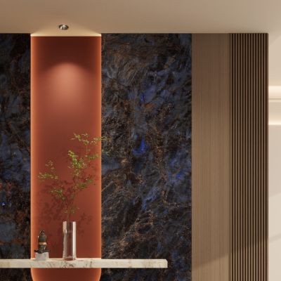 意式 轻奢风 奢石 爱马仕橙 弧形造型 格栅 入户隔断 玄关