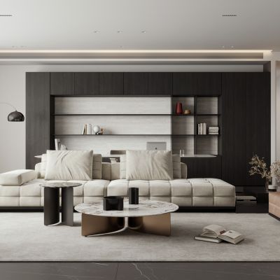 意式黑白客餐厅 大平层 横厅 无主灯客餐厅