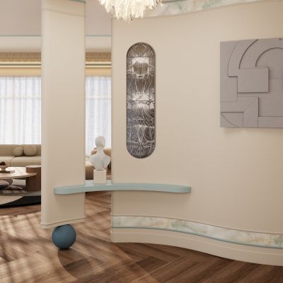 法式 中古风 贴片玻璃 花瓣顶 木纹砖 弧形造型 入户隔断 玄关