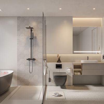 现代卫生间 浴室柜 洗脸盆 镜柜 马桶 淋浴房