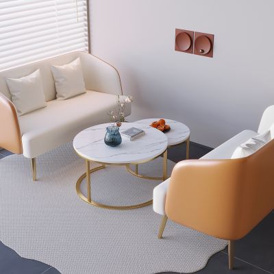 奶油风洽谈桌椅 圆几软包沙发椅