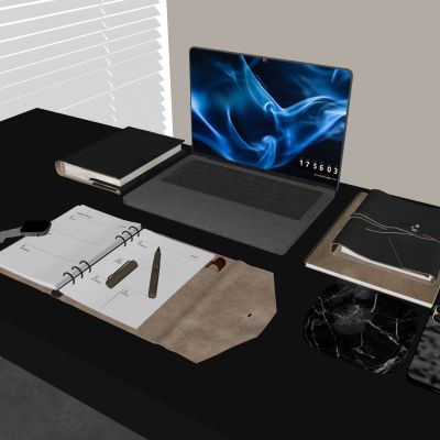 办公桌笔记本电脑 苹果手机手表茶杯 记事本