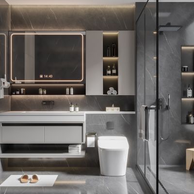 现代卫生间 浴室柜 洗脸盆 镜柜 马桶 淋浴房3D模型