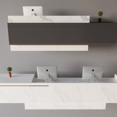 吧台接待台服务台 公司前台岩板吧台 苹果台式电脑