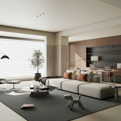 意式现代家居客厅 横厅 无主灯客厅 大平层客厅