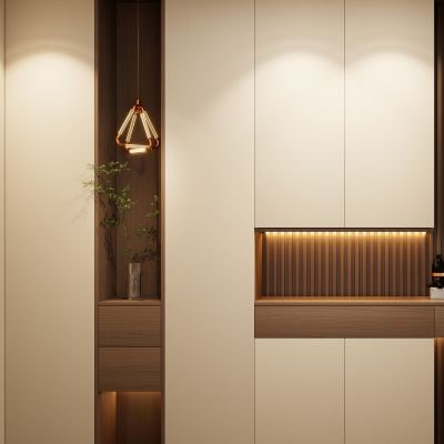 中古 轻奢风 端景柜 格栅板 弧形造型 入户玄关