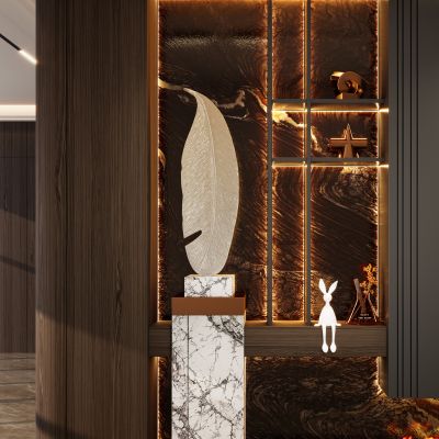 意式 轻奢风 黑金 金属层板 羽毛雕塑 火焰壁炉 玄关