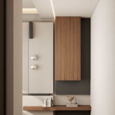 意式 原木风 木纹砖 几何叠级 一线天 满墙柜 卧室 端景