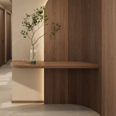 奶油 中古风 实木隔断 弧形造型 无主灯 客厅 玄关